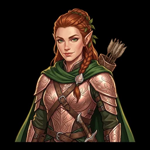 a confident elf ranger with rose-gold armor