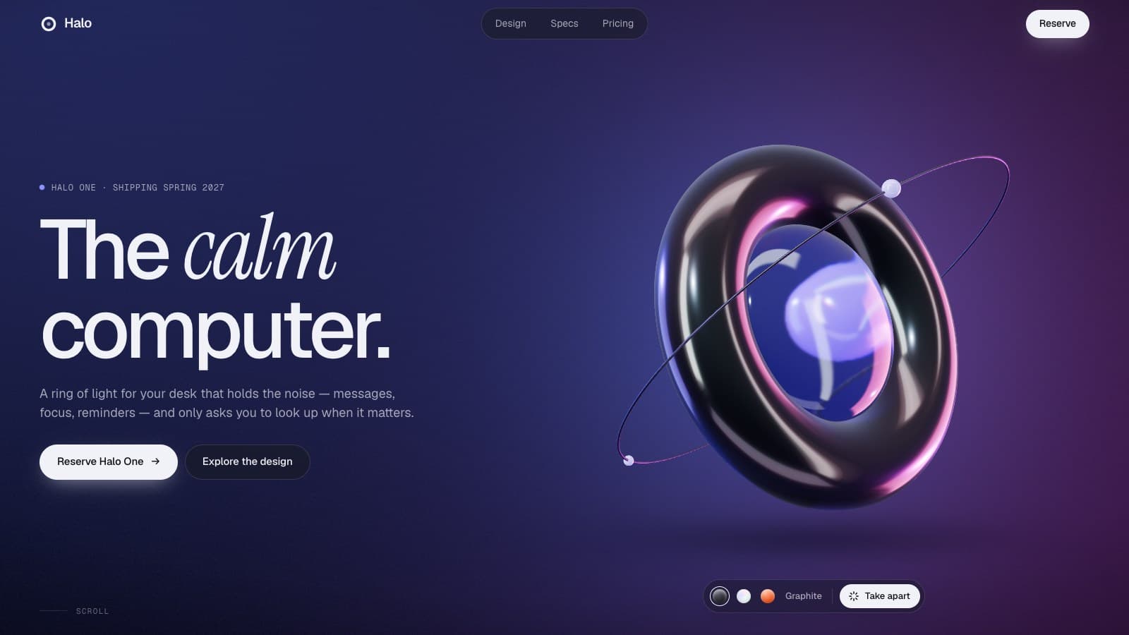 Halo, a launch page with a glossy 3D ring and glass lens floating beside the headline “The calm computer.”
