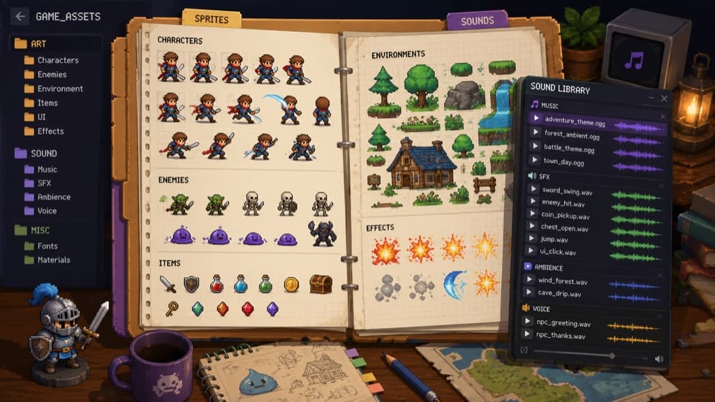 A game-assets sketchbook of pixel-art sprites and environments beside a sound library of music and SFX
