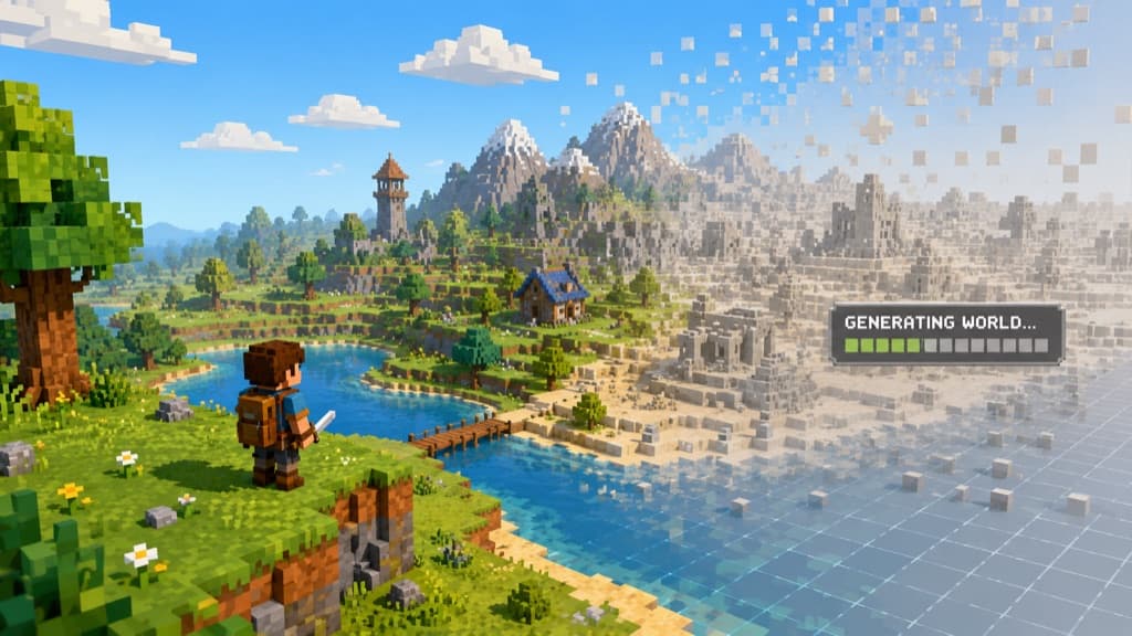 Voxel landscape assembling in real time behind a "Generating world…" progress bar