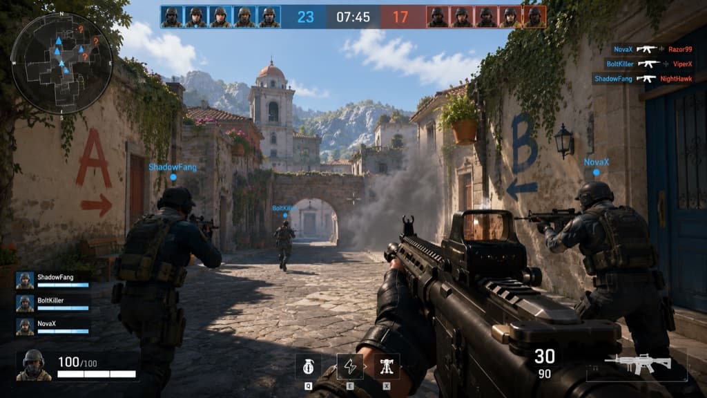 Team-based multiplayer shooter round with scoreboard and kill feed