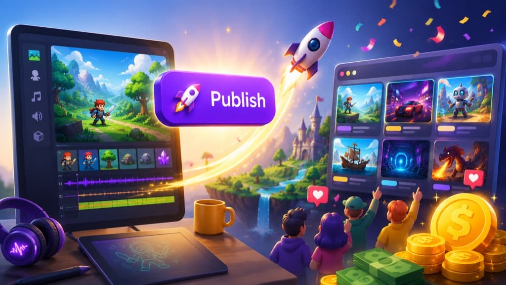 A Publish button launching a game from the editor onto a play feed, with cheering players and gold coins