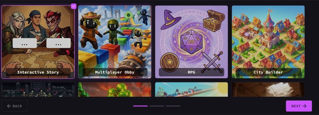 Rosebud starting templates: interactive story, multiplayer obby, RPG, and city builder