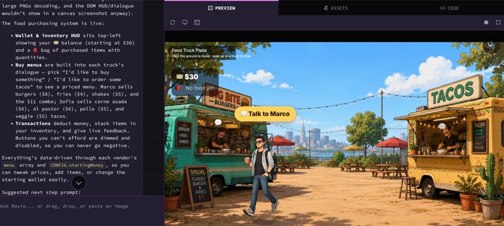 Rosebud editor: a food-truck game running live in the preview pane beside the editor