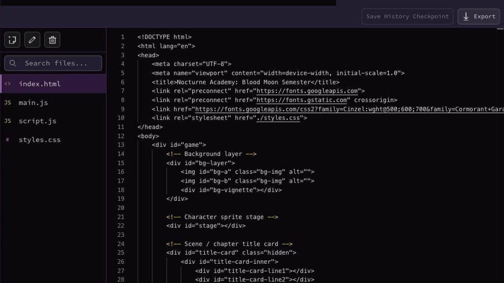 Rosebud code view: real project files with syntax-highlighted source
