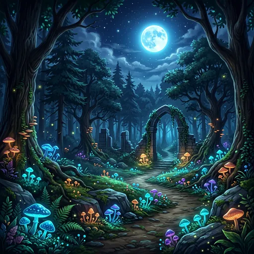 Background example: a moonlit forest clearing with glowing mushrooms